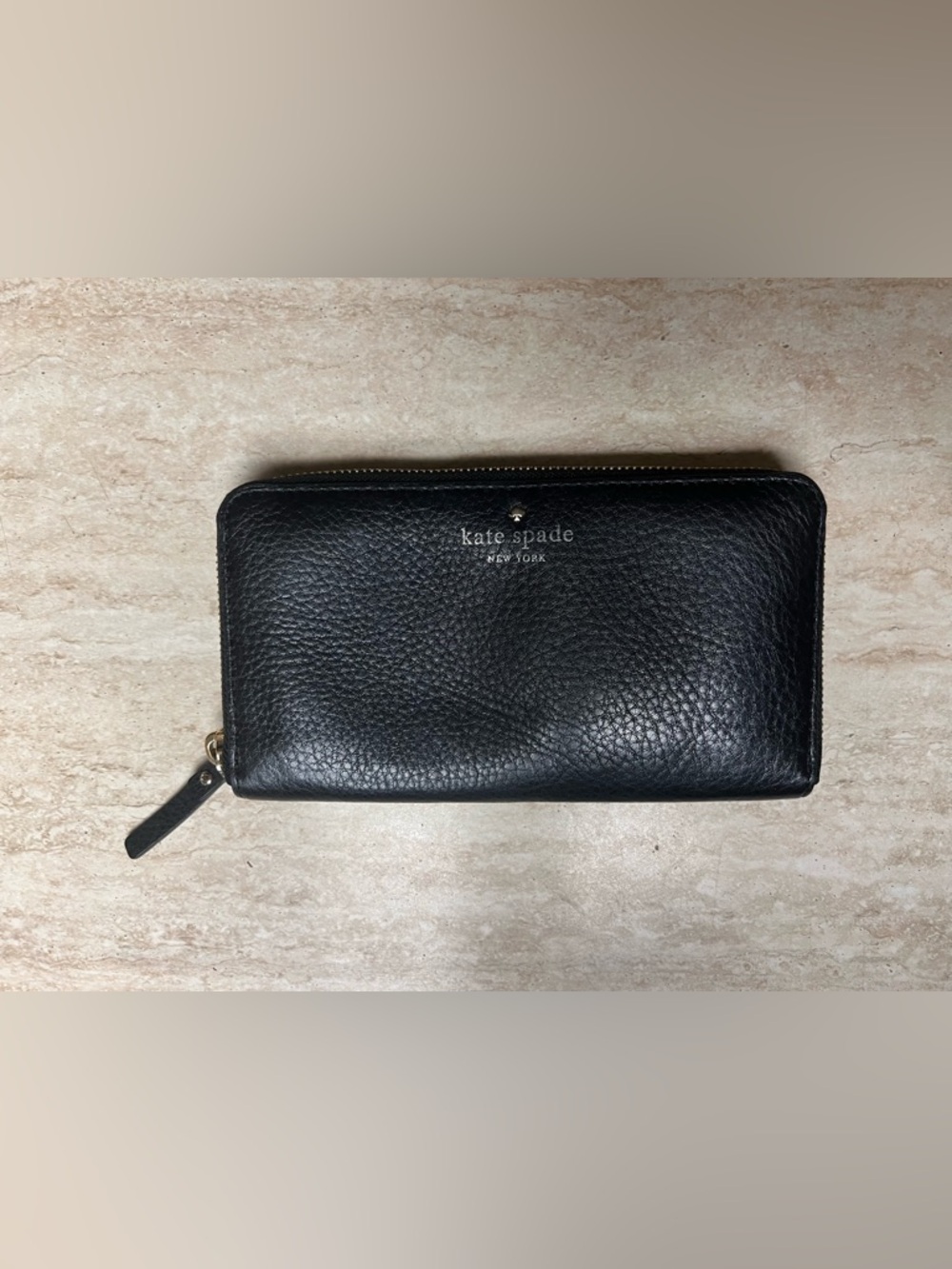 kate spade Black Leather Logo Zip Wallet with Gold Spade Accent